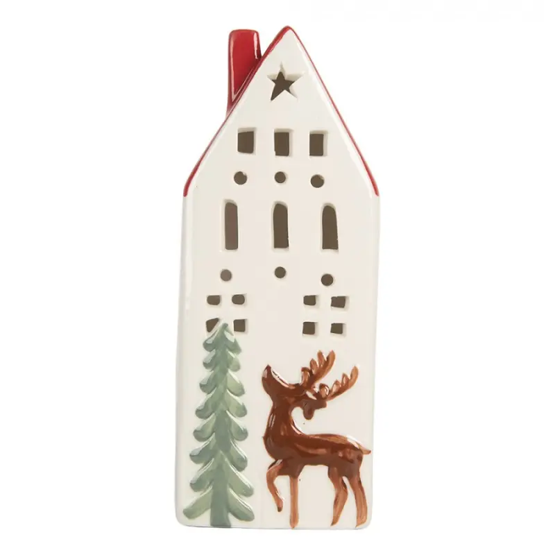 Bílo-červený keramický domeček s jelenem a LED světýlkem Boekend IV L – 8x7x19 cm