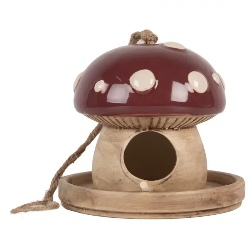 Keramický závěsný domeček pro ptáčky ve tvaru houby muchomůrky s červeným kloboukem – 13x13 cm