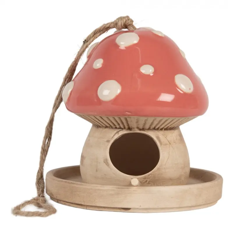 Keramický závěsný domeček pro ptáčky ve tvaru houby muchomůrky s růžovým kloboukem – 13x13 cm