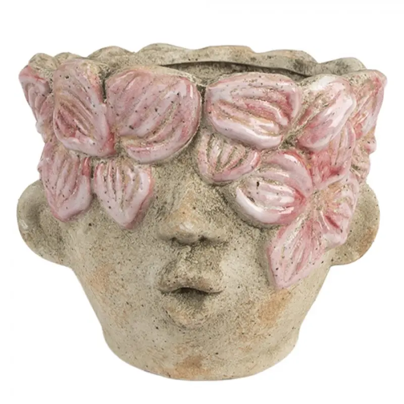 Cementový květináč hlava s květinami s růžovou glazurou Tete – 18x18 cm