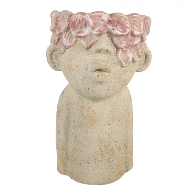 Cementový květináč hlava s květinami s růžovou glazurou Tete L – 20x19x31 cm