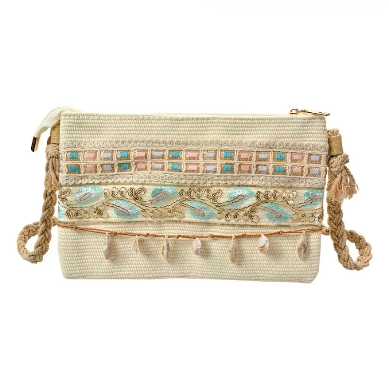 Letní boho kabelka s mušličkami béžovo-modrá Dienke – 30x18 cm
