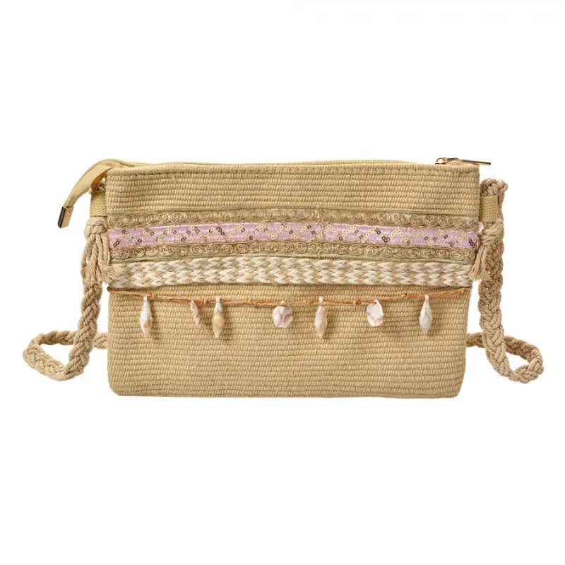 Letní boho kabelka s mušličkami béžovo-růžová Dienke – 30x18 cm