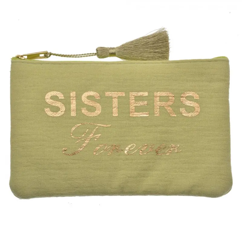 Zelená kosmetická taštička se střapcem a nápisem Sisters forever – 17x11 cm