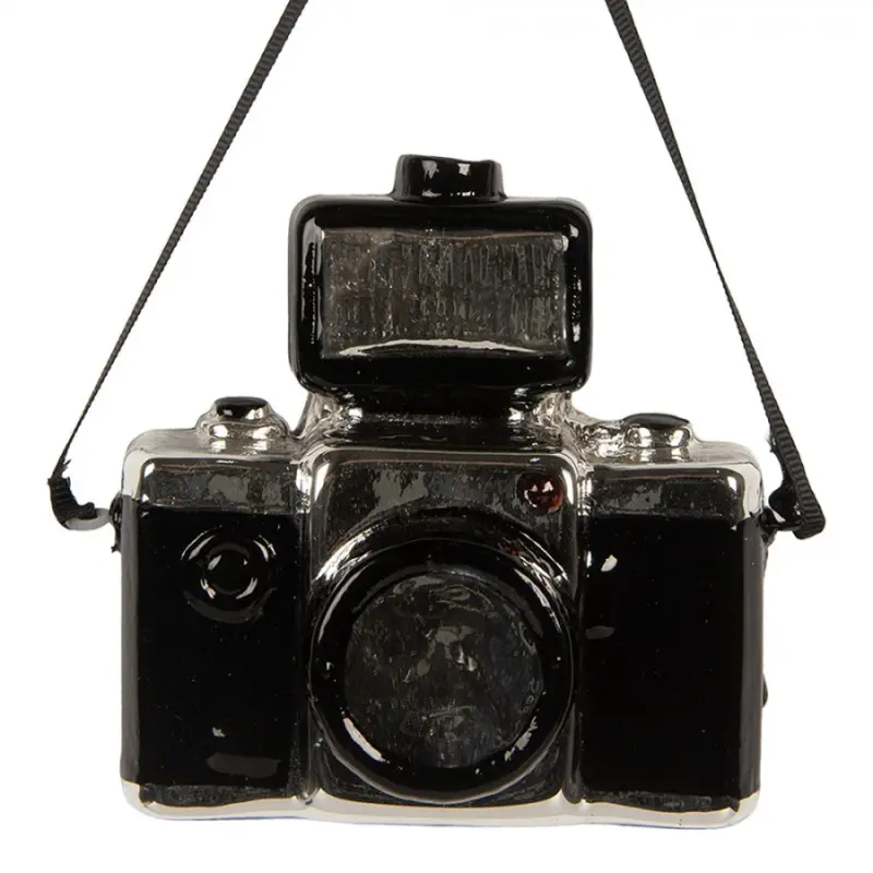 Černá skleněná vánoční ozdoba fotoaparát – 9x5x9 cm