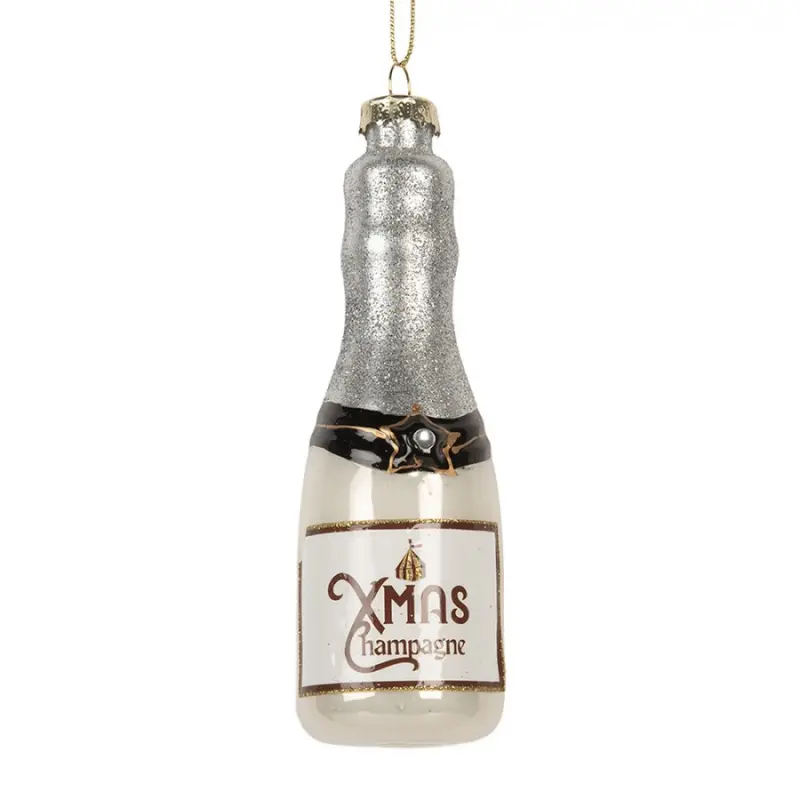 Stříbrná skleněná vánoční ozdoba láhev šampaňského Xmas Champagne – 4x13 cm