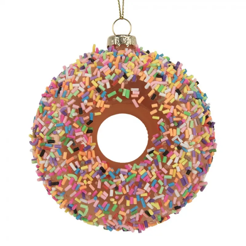Skleněná vánoční ozdoba kobliha / donut s duhovou posypkou – 9x4 cm