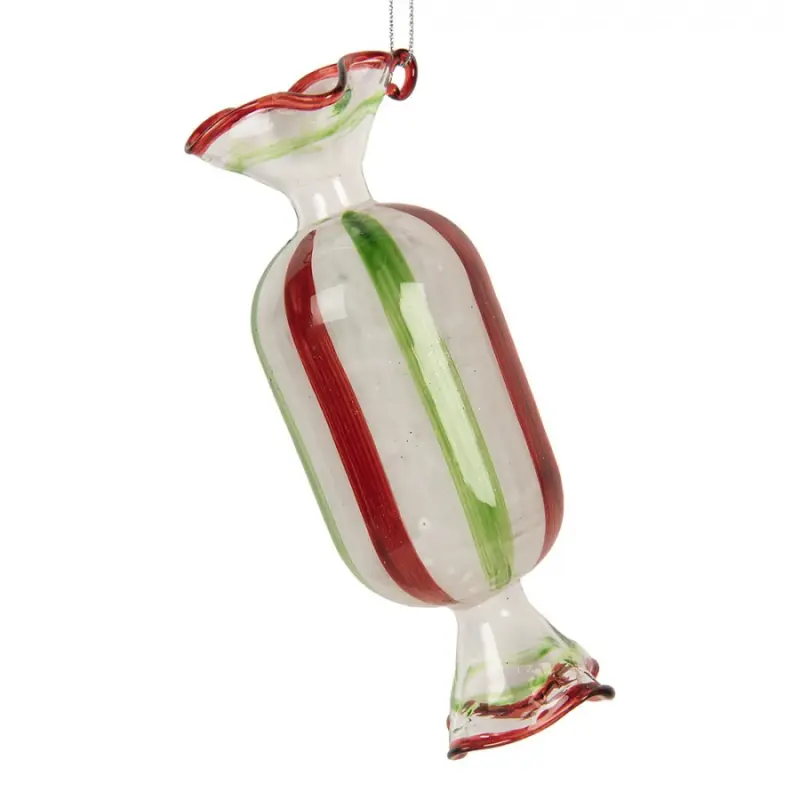 Červeno-zelená skleněná vánoční ozdoba bonbon s proužky – 5x13 cm