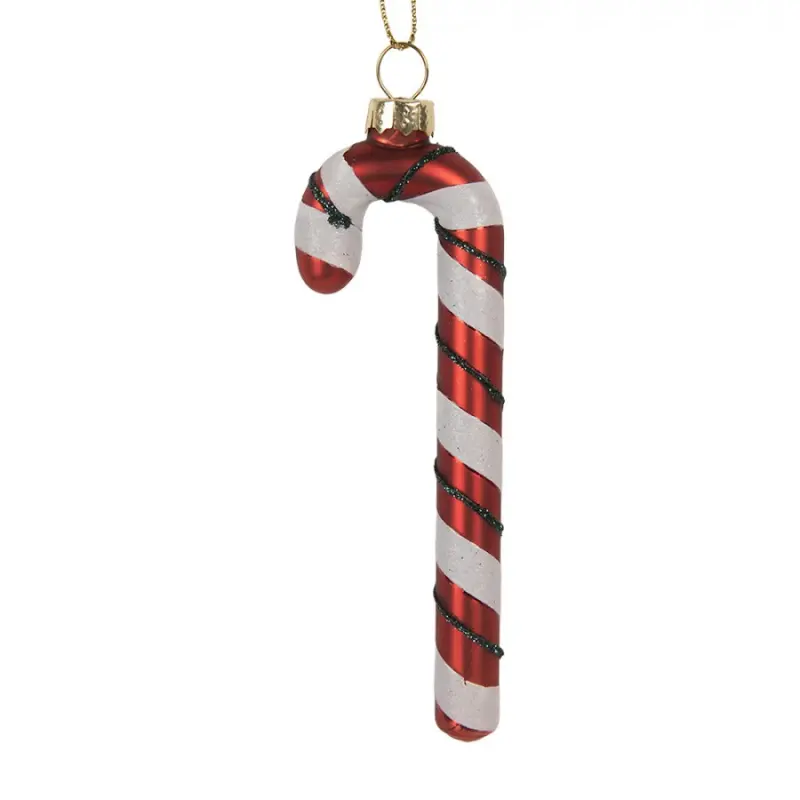 Červeno-bílá skleněná vánoční ozdoba cukrová hůlka Candy Cane se zeleným proužkem – 3x1x12 cm