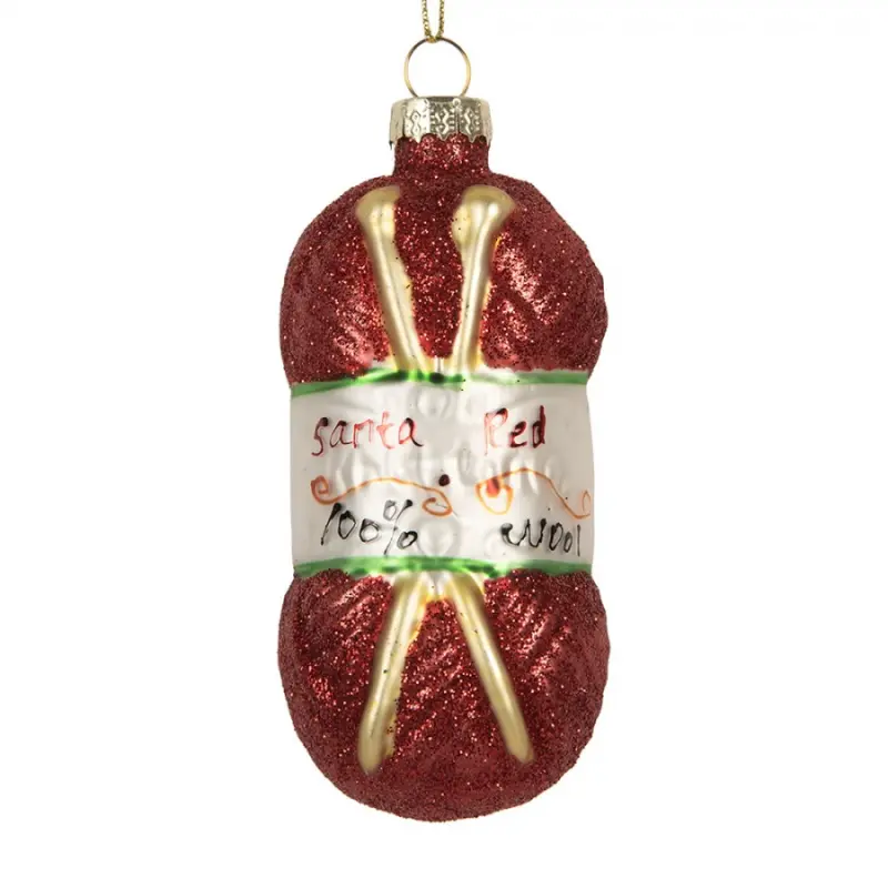 Červená skleněná vánoční ozdoba klubíčko vlny s pletacími jehlicemi Santa Red Wool – 8x8x8 cm