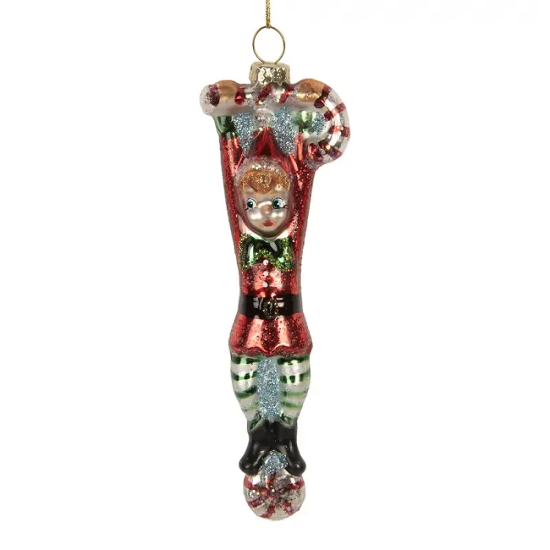 Skleněná vánoční ozdoba skřítek s cukrovou hůlkou Candy Cane – 5x2x14 cm
