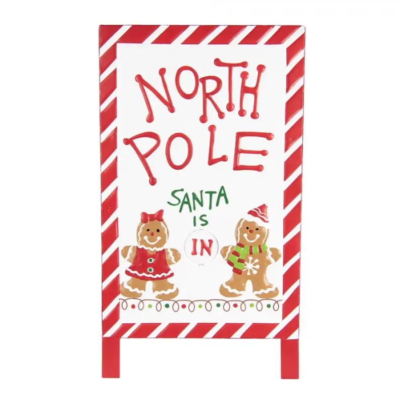 Červeno-bílá kovová vánoční cedule North Pole Santa is IN / OUT – 29x16x51 cm