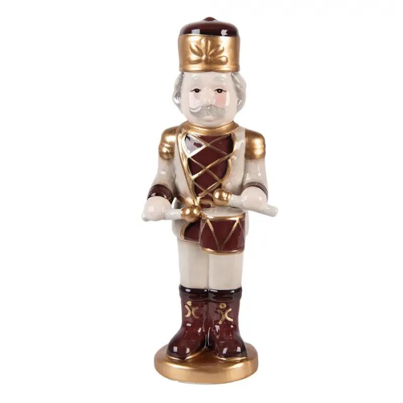 Vánoční dekorace keramická figurka Louskáček s bubínkem béžovo-červený Moer – 8x8x25 cm