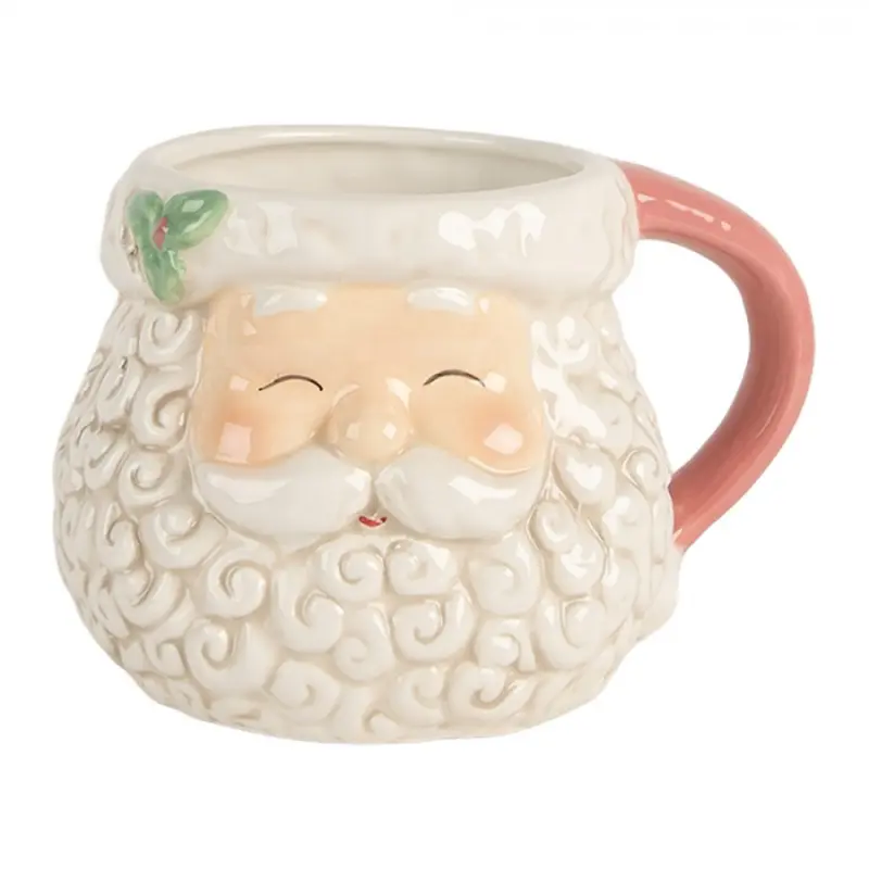 Vánoční keramický hrneček veselý Santa Claus s růžovým ouškem – 16x11x10 cm