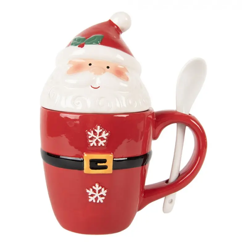 Červený vánoční hrneček Santa Claus s pokličkou a lžičkou – 13x9x17 cm