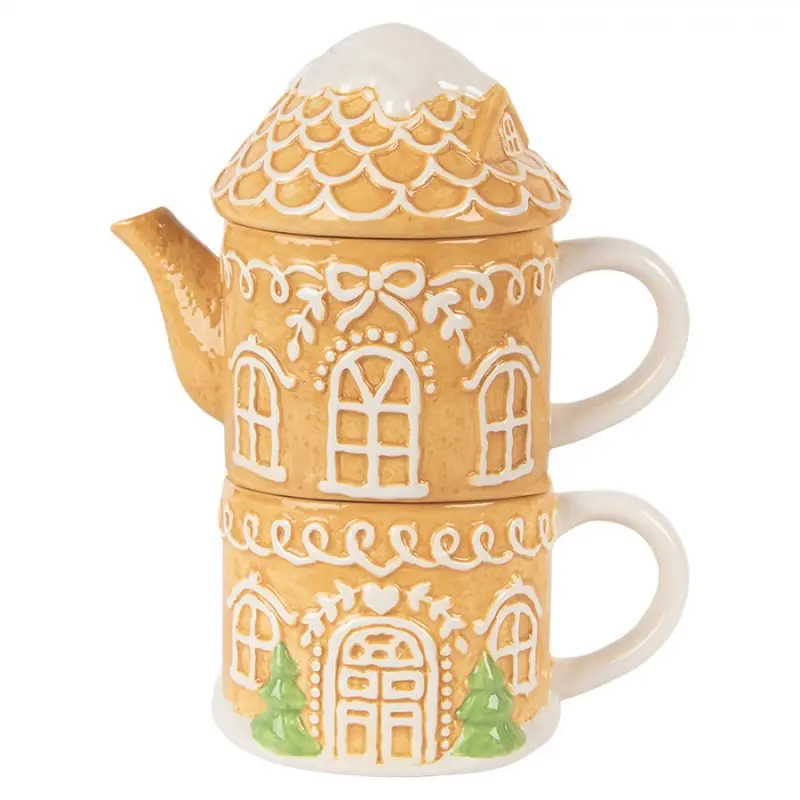 Vánoční keramická konvička s pokličkou a hrnečkem ve tvaru perníkového domečku – 19x12x23 cm