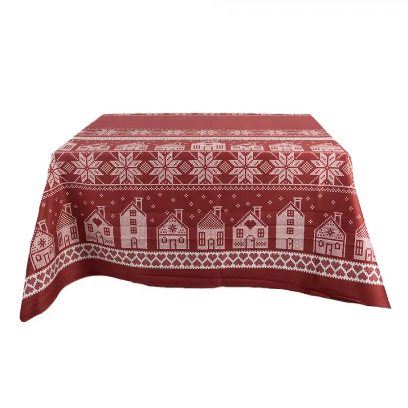 Červený vánoční ubrus s norským vzorem s domečky – 140x220 cm