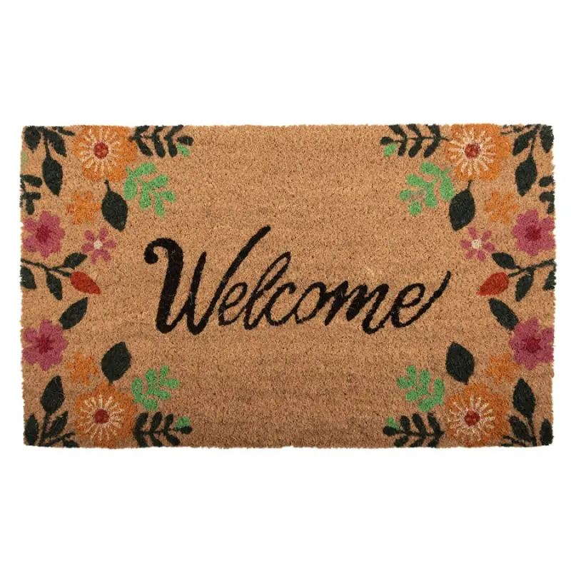 Kokosová rohožka s barevnými květy na okraji a s nápisem Welcome – 75x45x1 cm