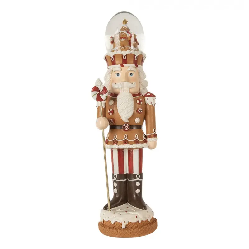 Hnědo-červená hrací vánoční dekorace Louskáček se sněžítkem na klobouku s LED osvětlením – 14x13x49 cm