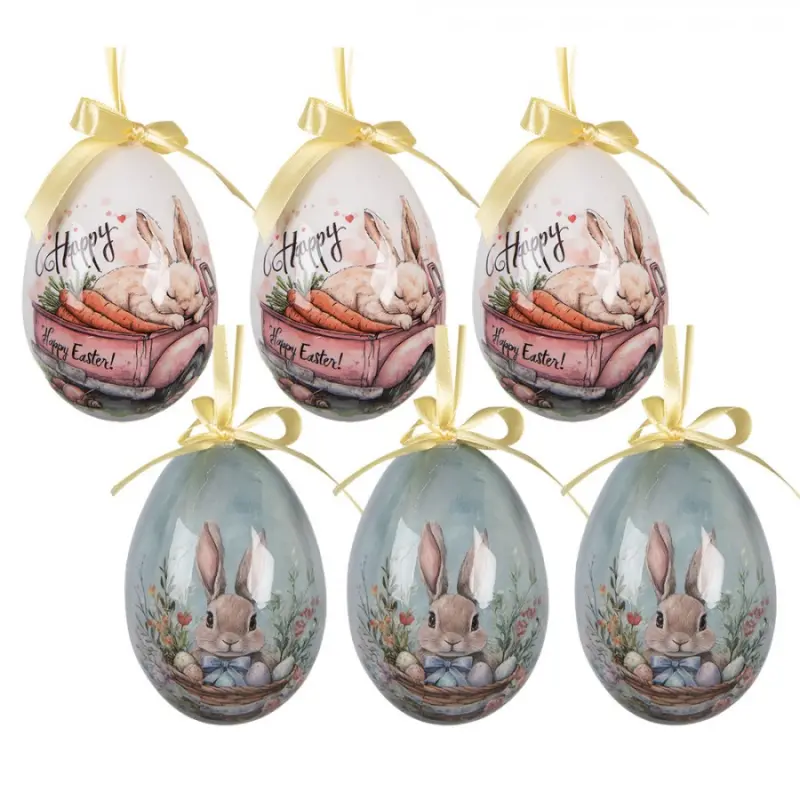 Sada 6 závěsných velikonočních vajíček s veselým motivem Happy Easter – 7x10 cm