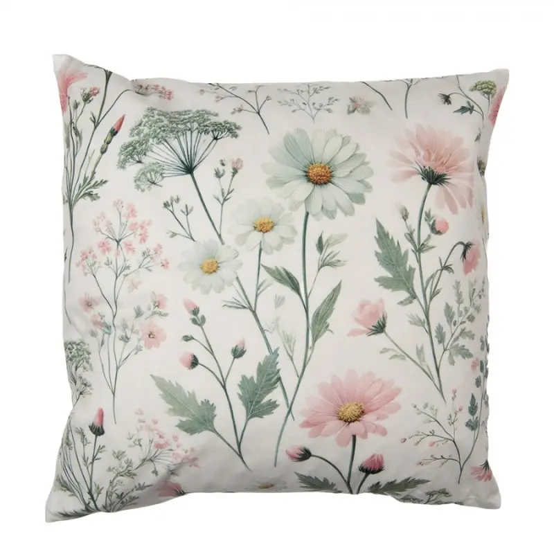 Povlak na polštář s růžovo-zeleným motivem lučních květin polyester – 45x45 cm