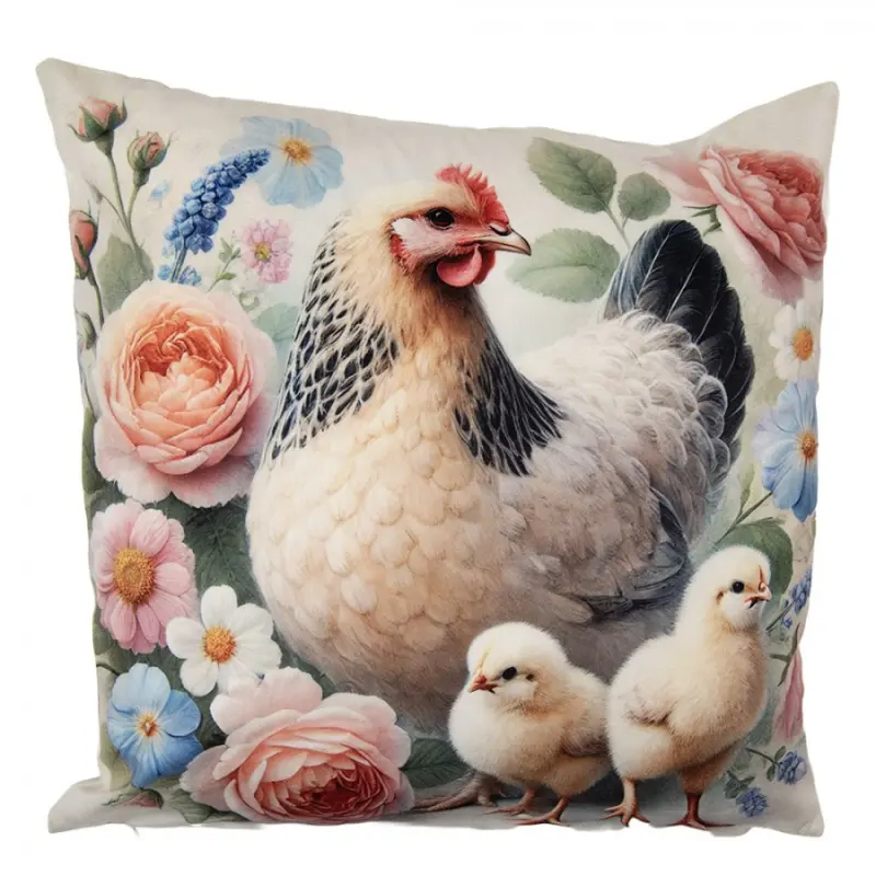 Béžový povlak na polštář slepička s kuřátky a květy - 45*45cm Clayre & Eef