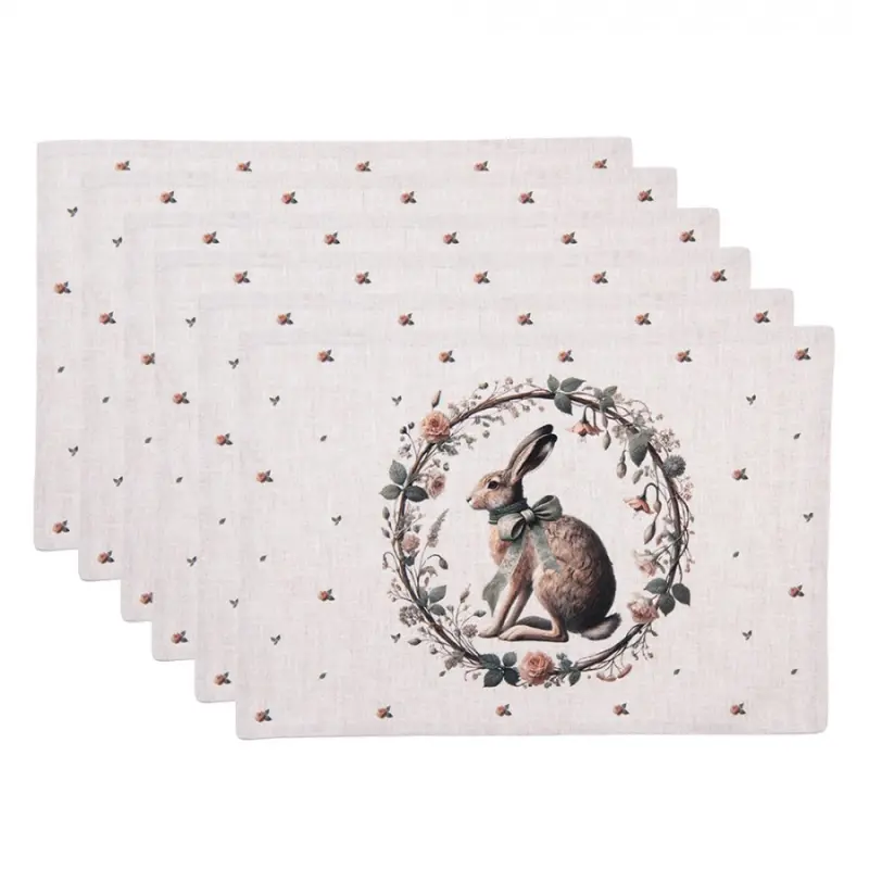 Sada 6 bavlněných prostírek se zajícem s mašlí Vintage Ears – 48x35 cm