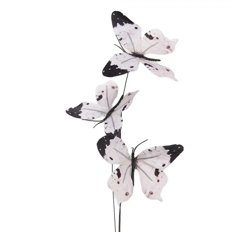 Bílo-černý dekorační zápich do květináče motýlci II – 67 cm