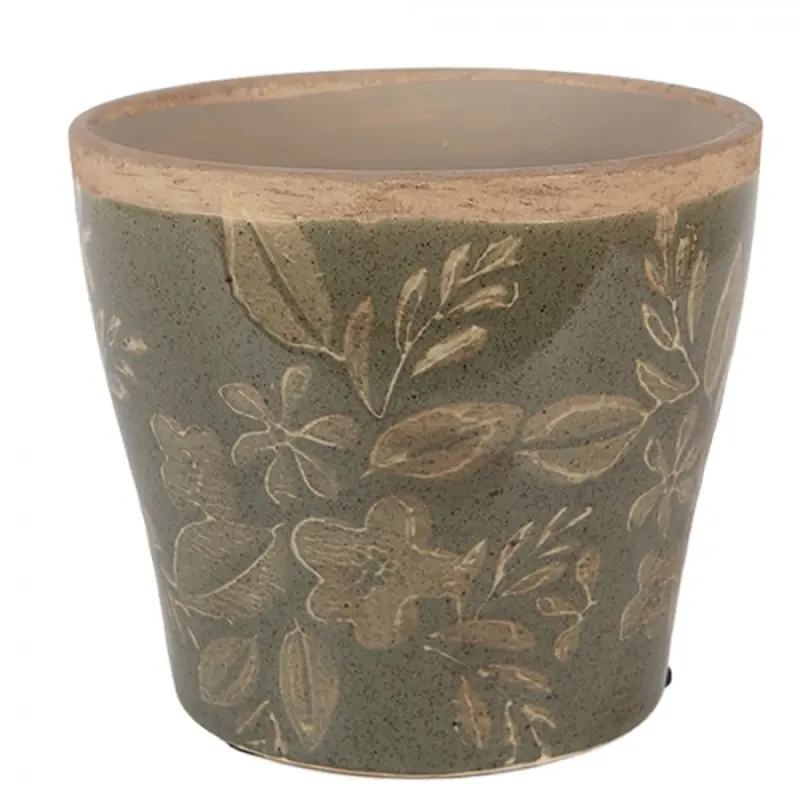 Zelený keramický obal na květináč s květy Timothée M - Ø 12*10 cm Clayre & Eef