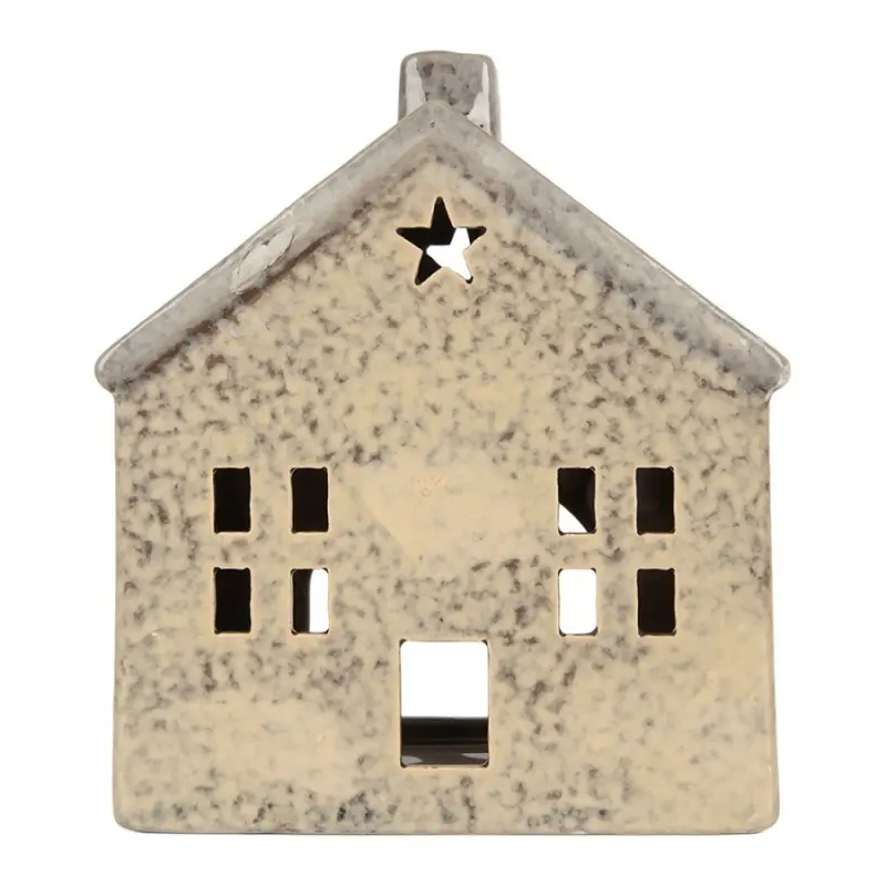 Keramický šedobéžový svícen na čajovou svíčku ve tvaru domečku Oisterwijk VI – 13x9x16 cm
