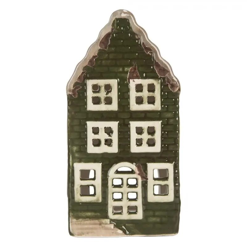 Keramický zelený svícen na čajovou svíčku ve tvaru domečku Loenen VI – 8x8x15 cm