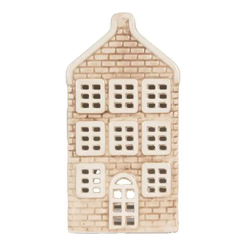 Keramický béžový svícen na čajovou svíčku ve tvaru domečku Loenen IX – 10x10x19 cm