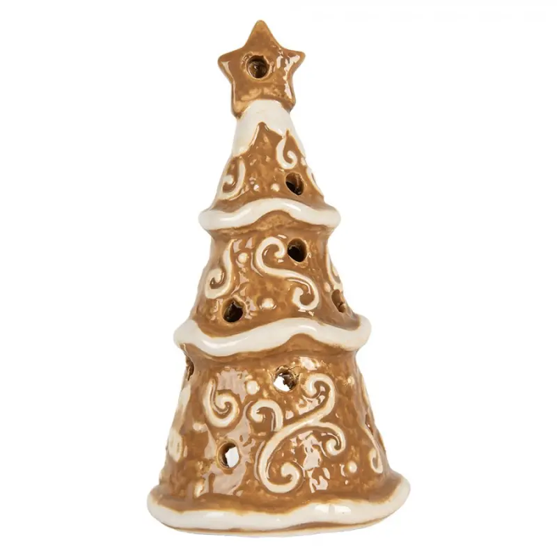 Keramický béžový svícen na čajovou svíčku ve tvaru perníkového stromku Leersum – 8x15 cm