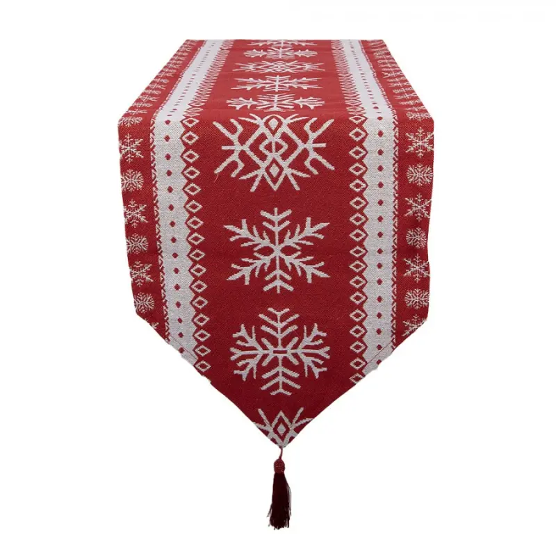 Vánoční běhoun na stůl červeno-bílý s vločkou a střapcem – 33x180 cm