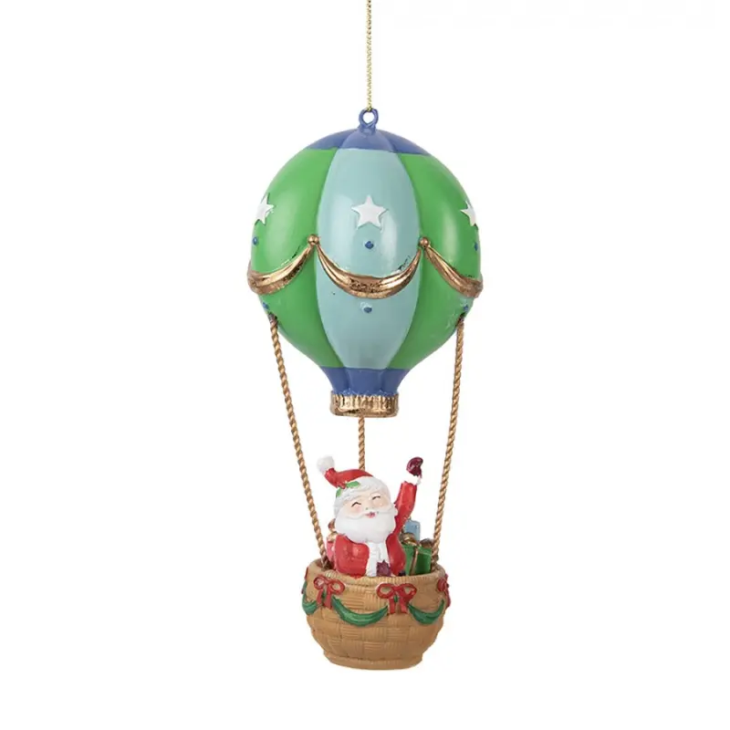 Závěsná vánoční dekorace veselý Santa Claus v modro-zeleném horkovzdušném balonu – 8x18 cm