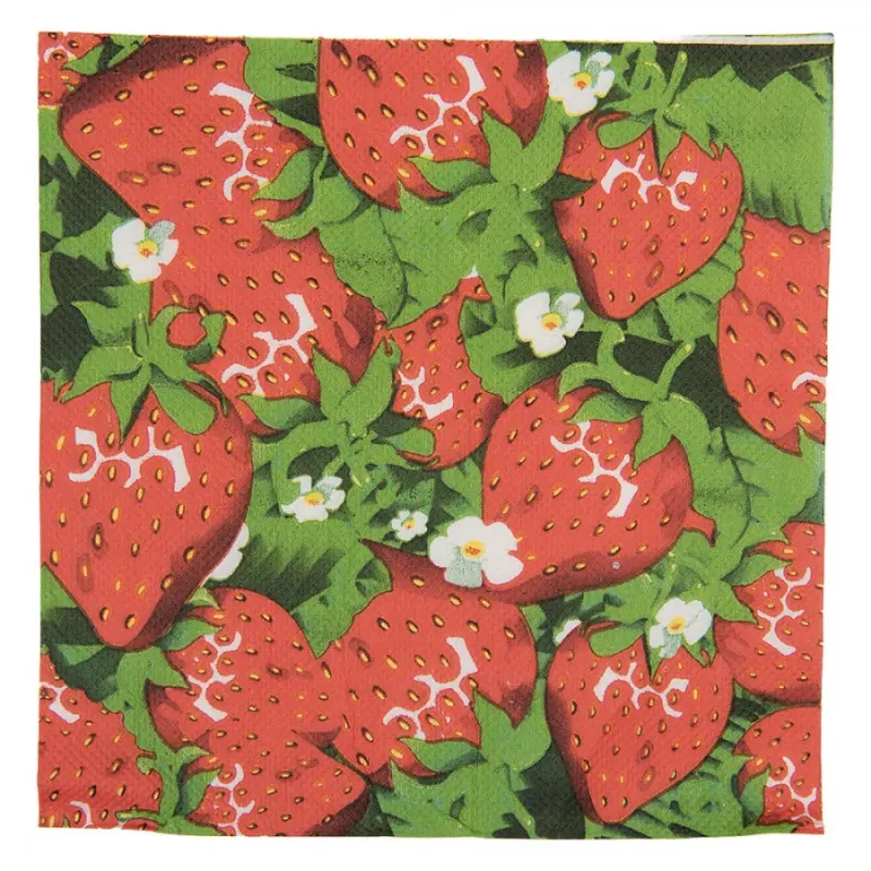 Červeno-zelené papírové ubrousky s jahodami – 33x33 cm / 20 ks
