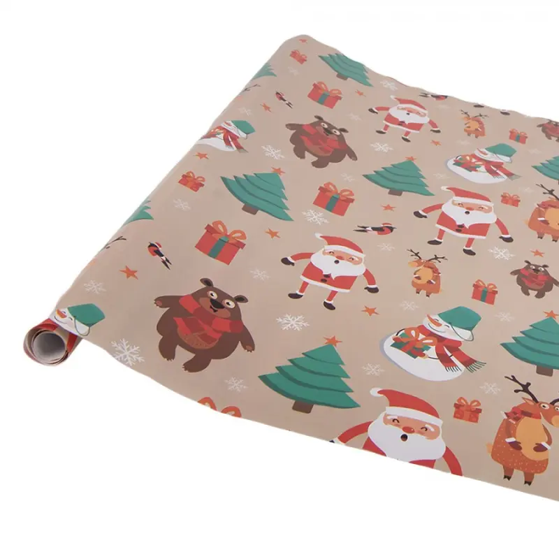 Vánoční balicí papír s méďou, sobem a Santa Clausem – 3 role 50x75 cm