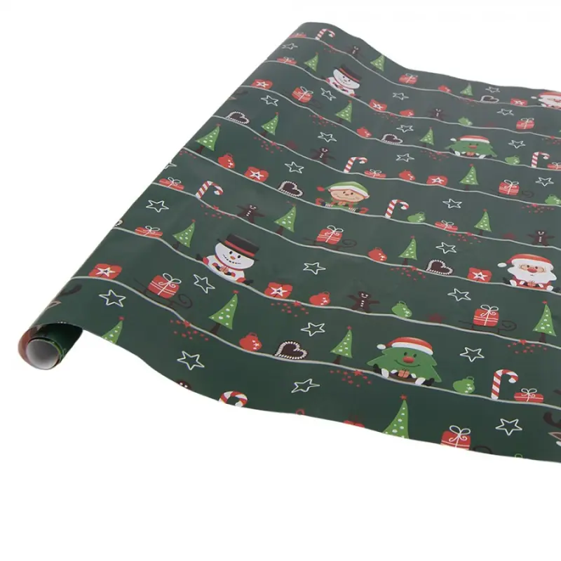 Vánoční balicí papír zelený se sněhulákem a Santa Clausem – 3 role 50x75 cm