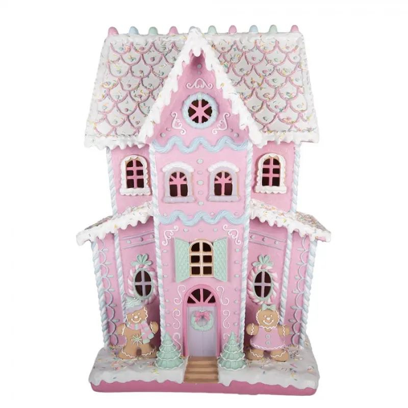 Růžová plastová perníková chaloupka s LED světlem – 54x31x76 cm