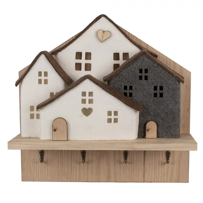 Hnědo-bílý dřevěný nástěnný věšák se 4 háčky domeček – 40x13x40 cm