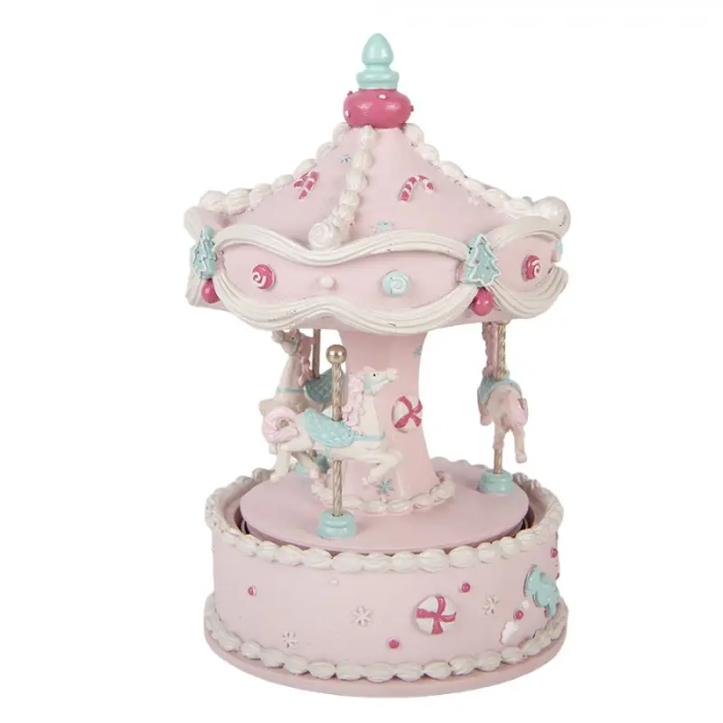 Růžová plastová hrací skříňka kolotoč – 12x19 cm