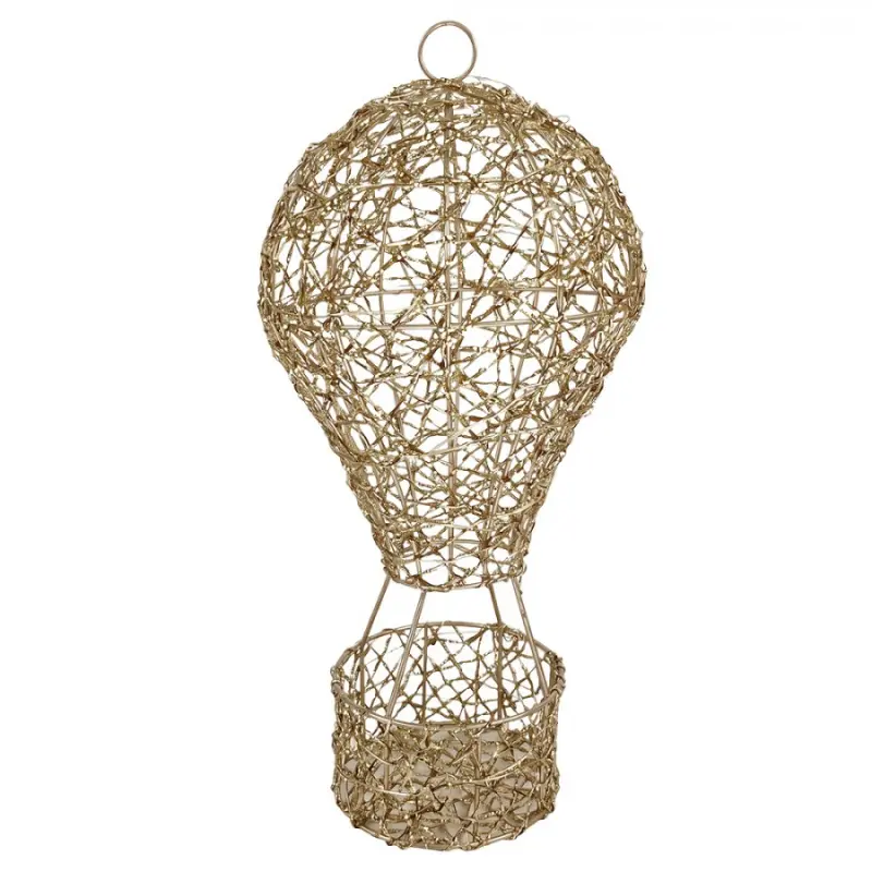 Kovová vánoční dekorace horkovzdušný balón s LED světlem zlatá – 19x38 cm