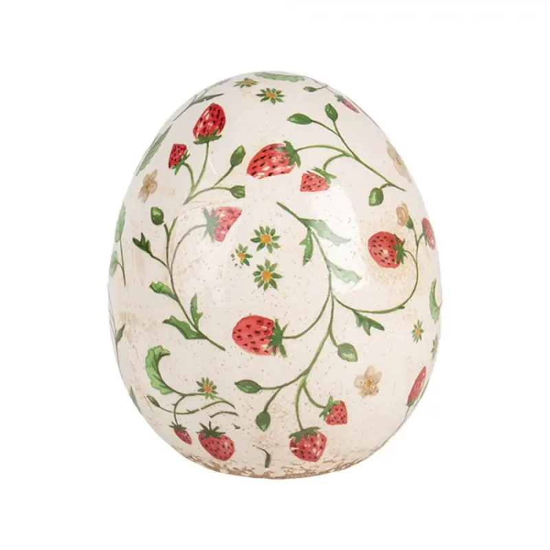 Béžovo-červená keramická figurka vejce s jahodami Wild Strawberries – 14x16 cm