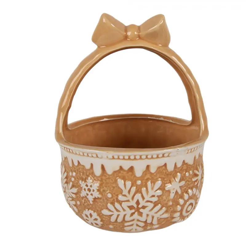 Hnědá keramická miska košík s vločkami Snowflakes - Ø15*21 cm Clayre & Eef