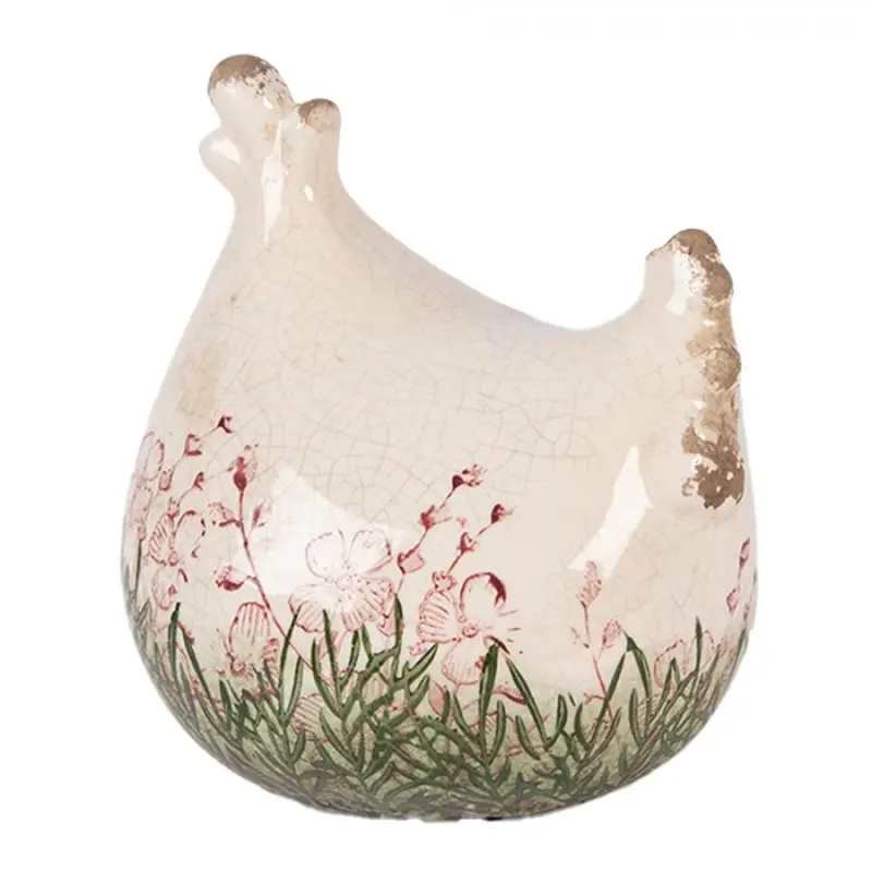 Béžová antik keramická slepička s květy Rustic Flower - 12*11*13 cm Clayre & Eef