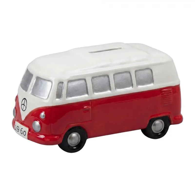 Červená keramická pokladnička autobus