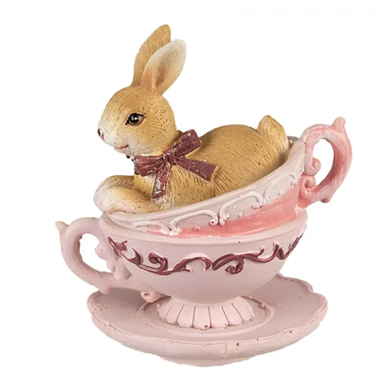 Hnědo-růžová polyresinová figurka králík – 9 cm