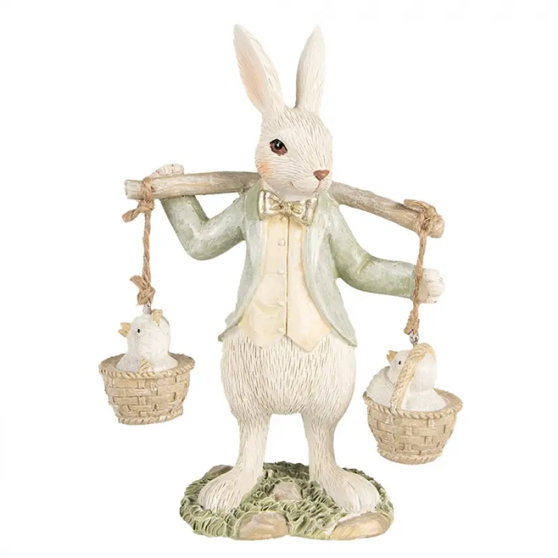 Bílo-zelená polyresinová figurka králík – 17 cm