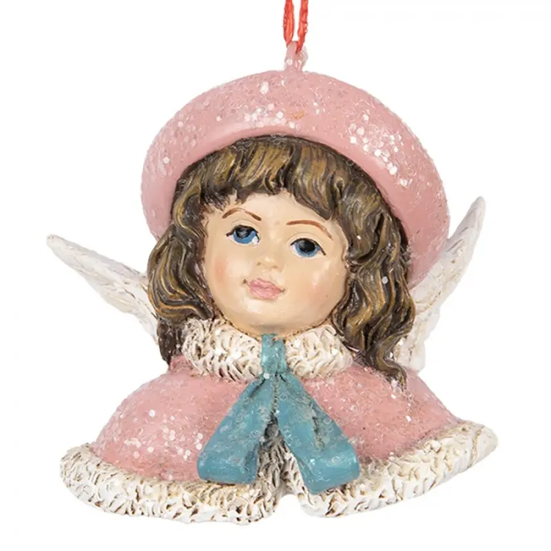 Růžová vánoční závěsná dekorace andílek Angel - 8*7*7 cm Clayre & Eef