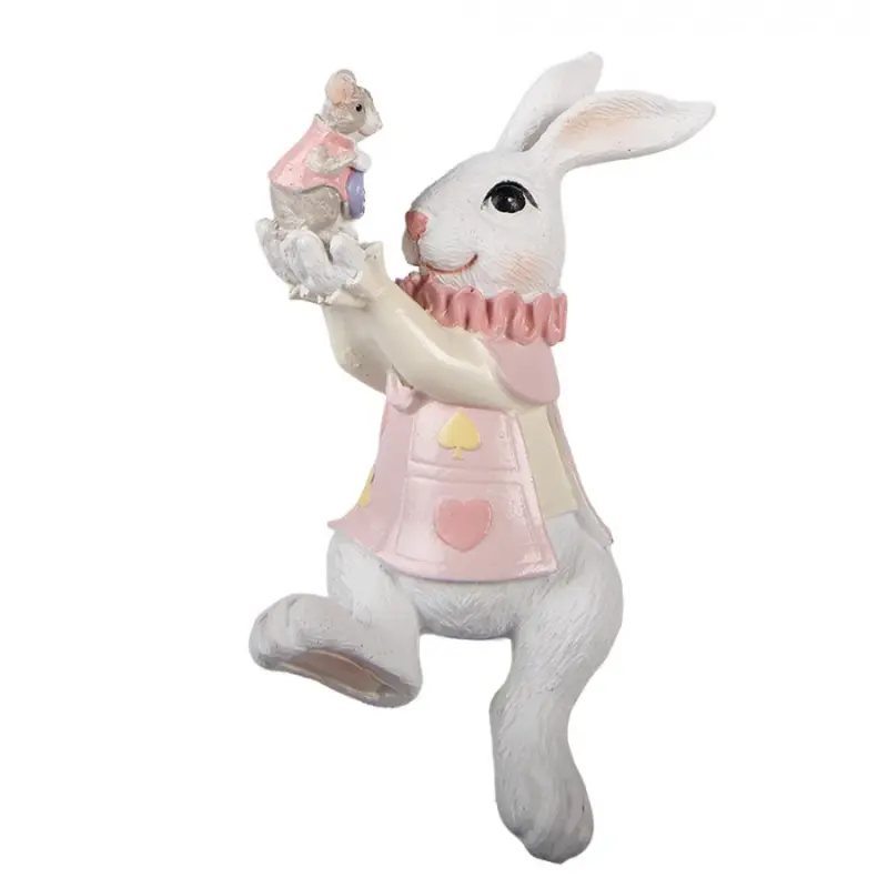 Dekorace bílý sedící králík držící myšku - 9*9*14 cm Clayre & Eef